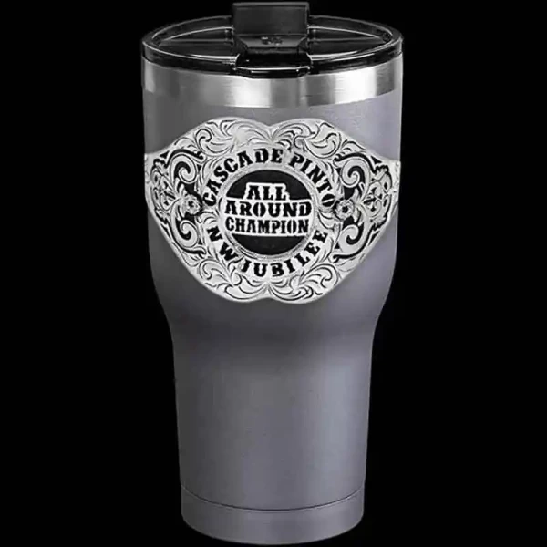 A custom tumbler made of stainless steel with a personalized engraved lettering in antiqued silver, 30 oz, ideal for coffee or cool drinks